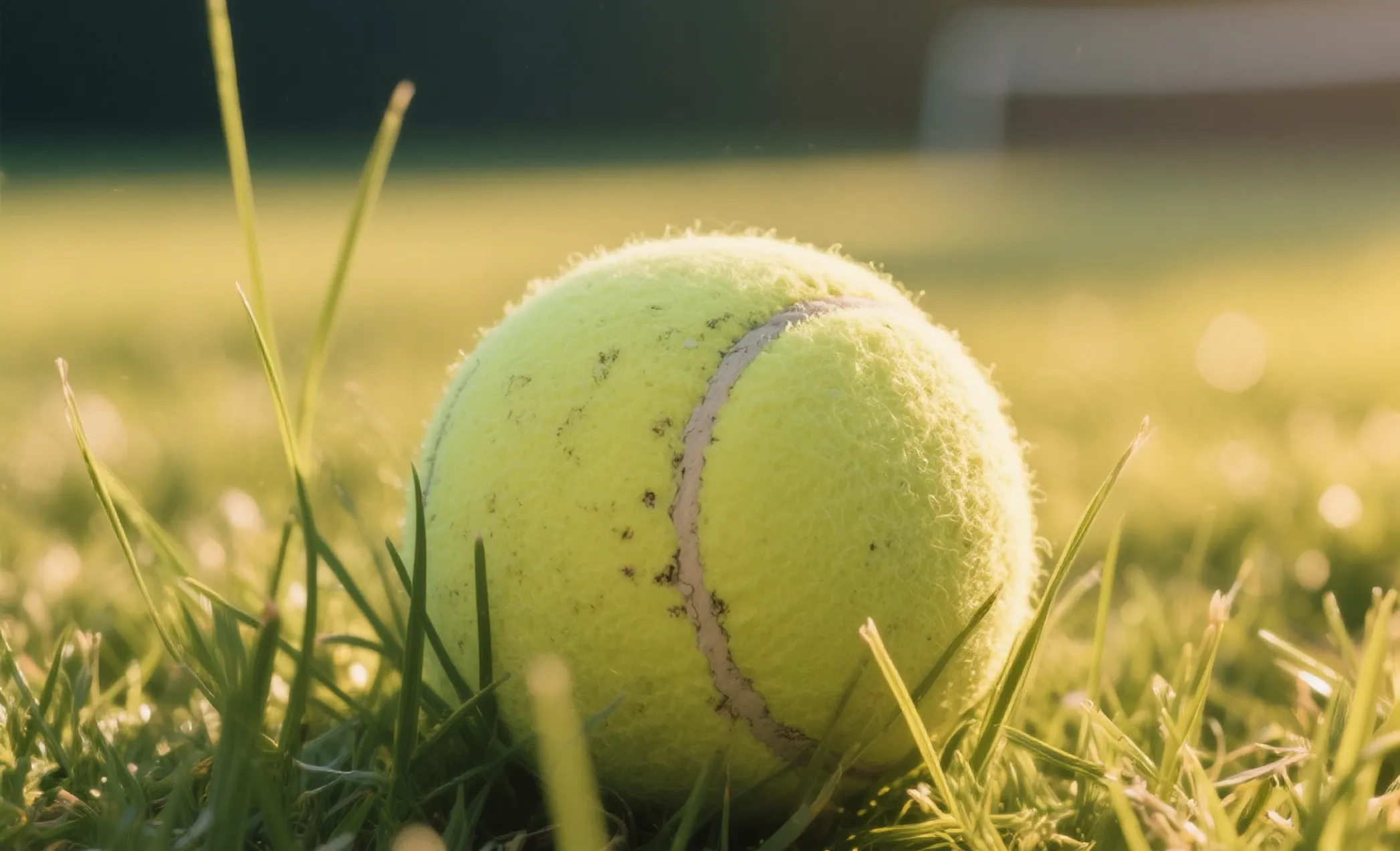 Close-up of a slightly worn yellow tennis ball resting on green grass in sunlight.